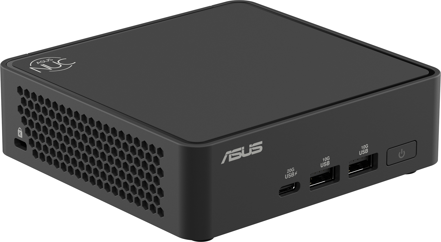 Schwarzer ASUS NUC Mini-PC. Hat USB-Anschlüsse, Power-Taste und ASUS-Logo. Oberseite hat ASUS NUC Logo.