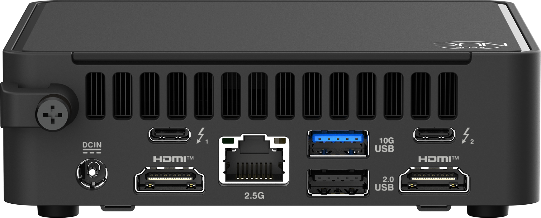 Rückseite eines schwarzen ASUS NUC. HDMI, USB, Ethernet und Stromanschluss. NUC-Logo vorhanden.