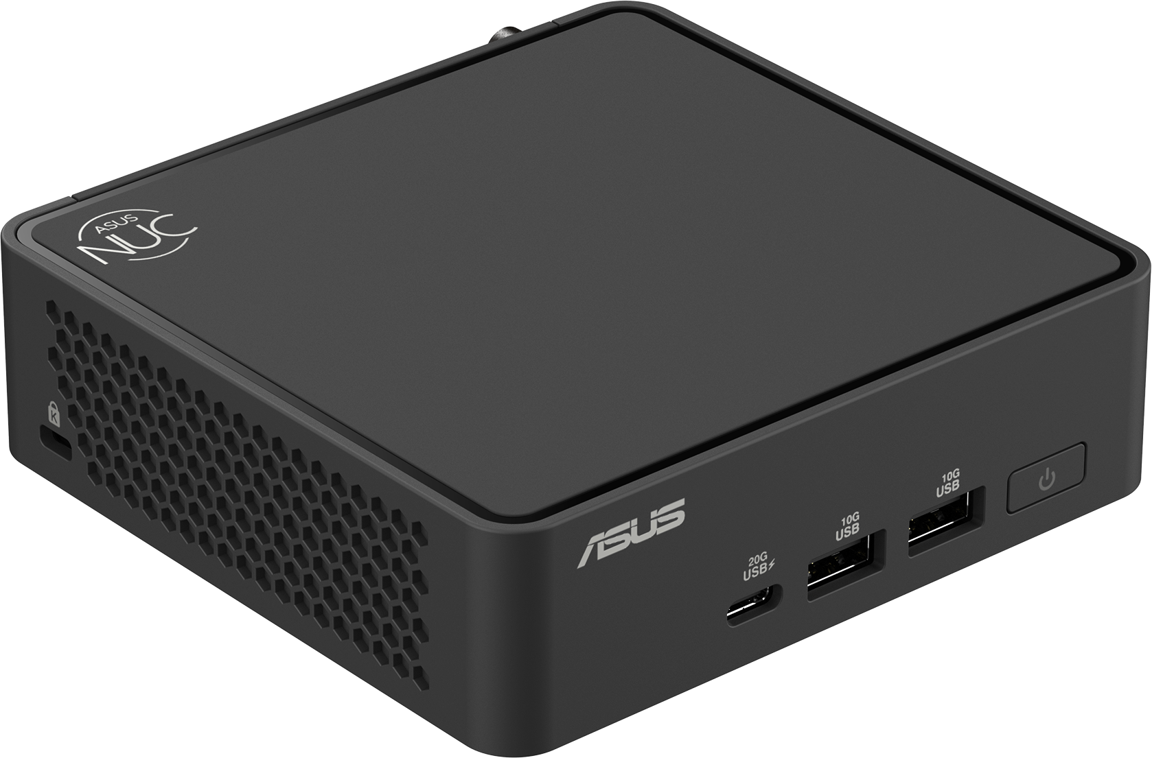 Schwarzer ASUS NUC, Winkelansicht. USB-Anschlüsse, Ein-/Ausschalter und ASUS-Logo. Seite mit sechseckiger Belüftung.
