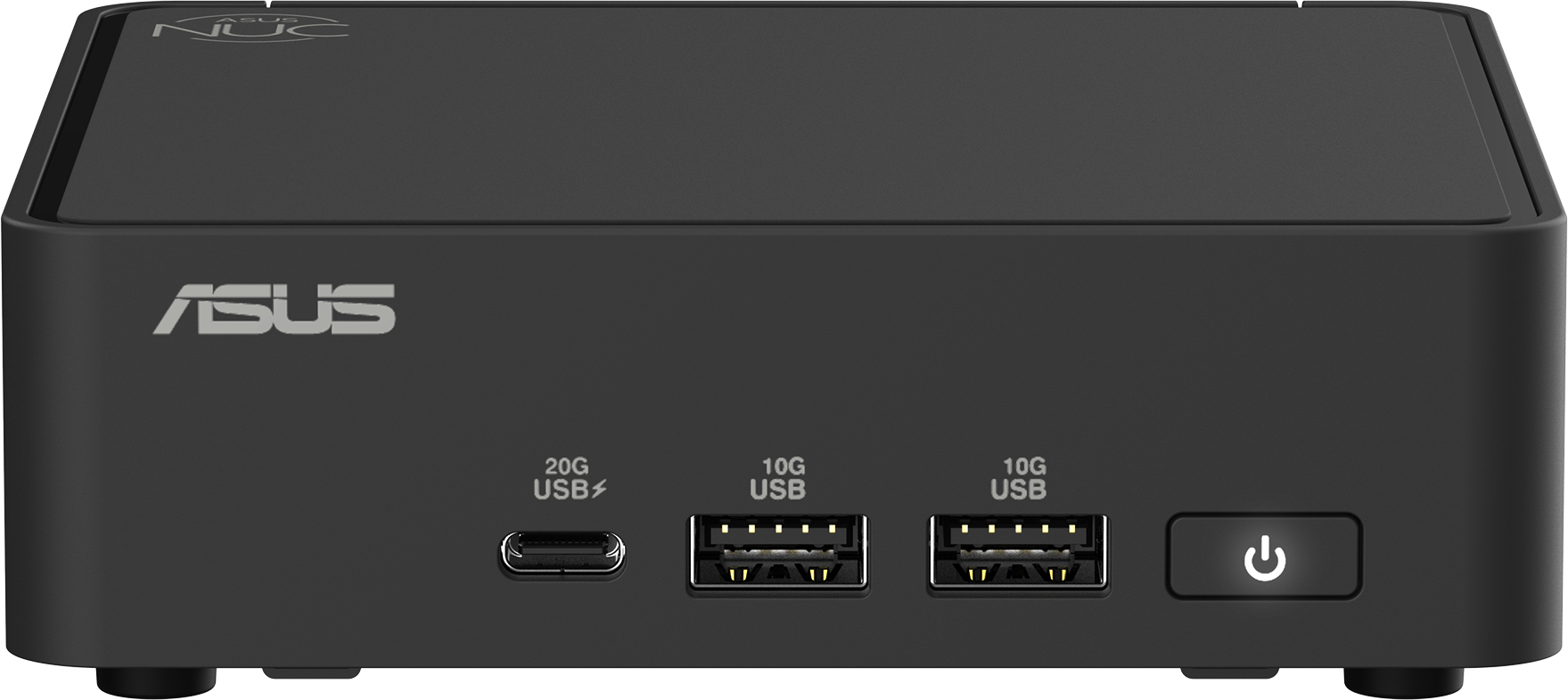 Schwarzer ASUS NUC Mini-PC. Vorderansicht, mit USB-Anschlüssen, Power-Taste und ASUS-Logo.
