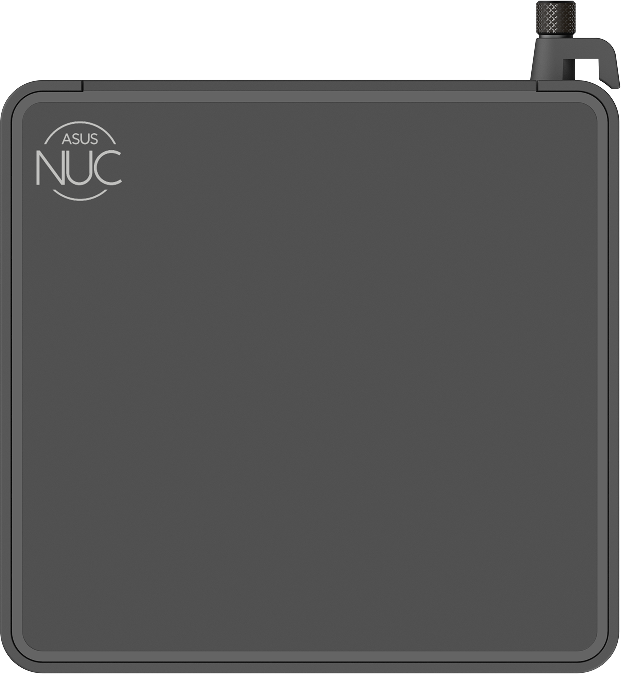 Draufsicht auf einen schwarzen ASUS NUC Mini-PC mit Logo und Antenne.