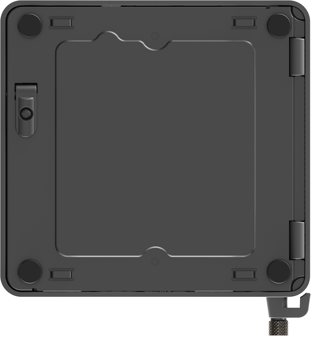 Unteransicht eines schwarzen ASUS NUC Mini-PCs. Zeigt die Basis mit Gummifüßen und abnehmbarer Platte.