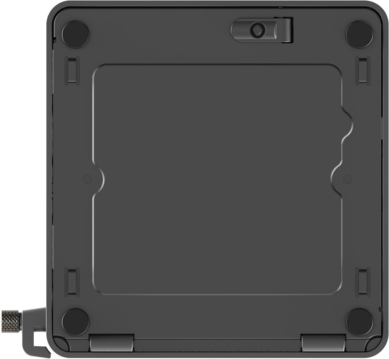 Unteransicht eines schwarzen ASUS NUC Mini-PCs. Zeigt die Basis mit Gummifüßen und abnehmbarer Platte.