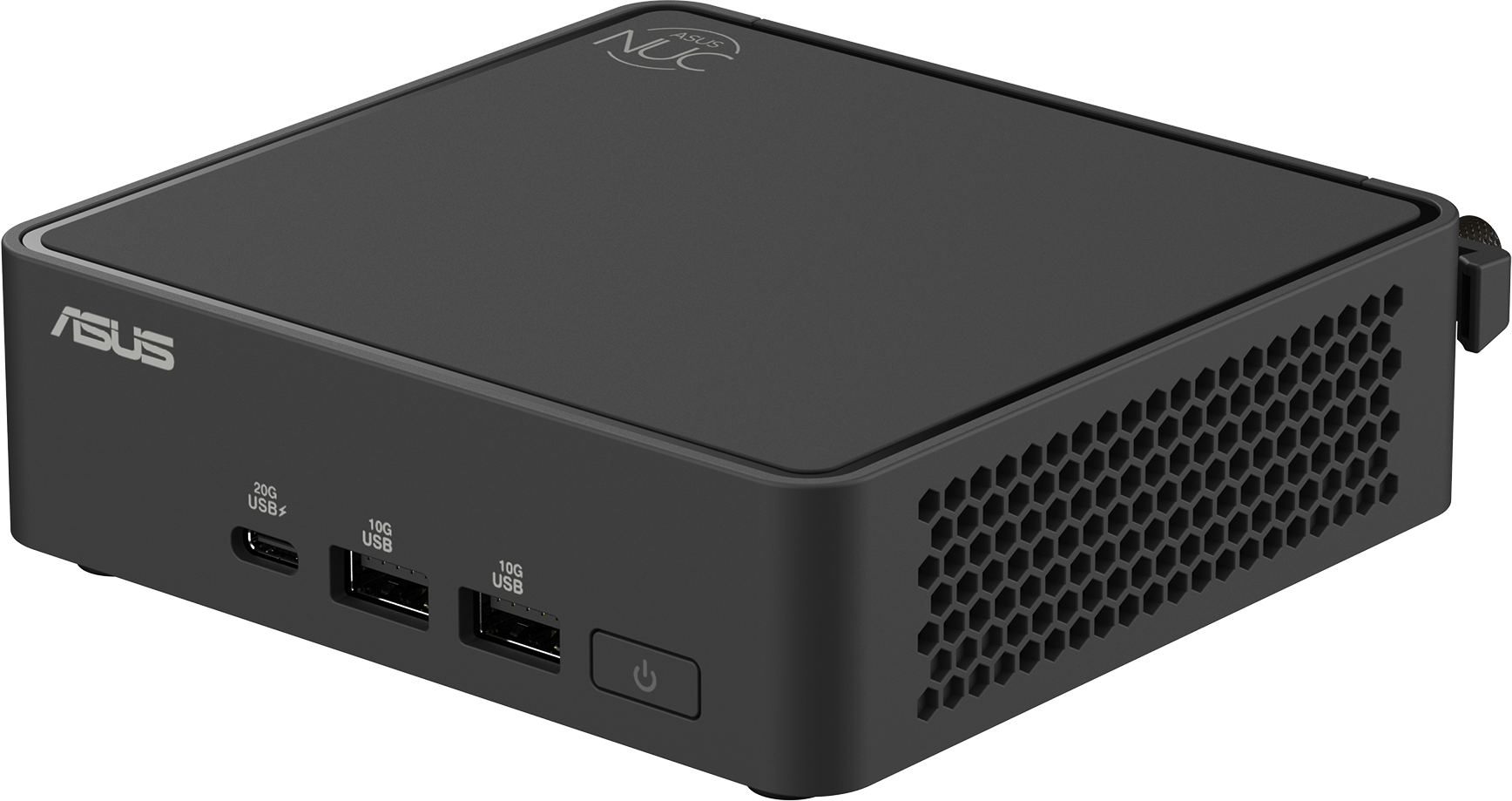 Schwarzes ASUS NUC-Gerät mit USB-Anschlüssen, Ein/Aus-Taste und Wabenlüfter.