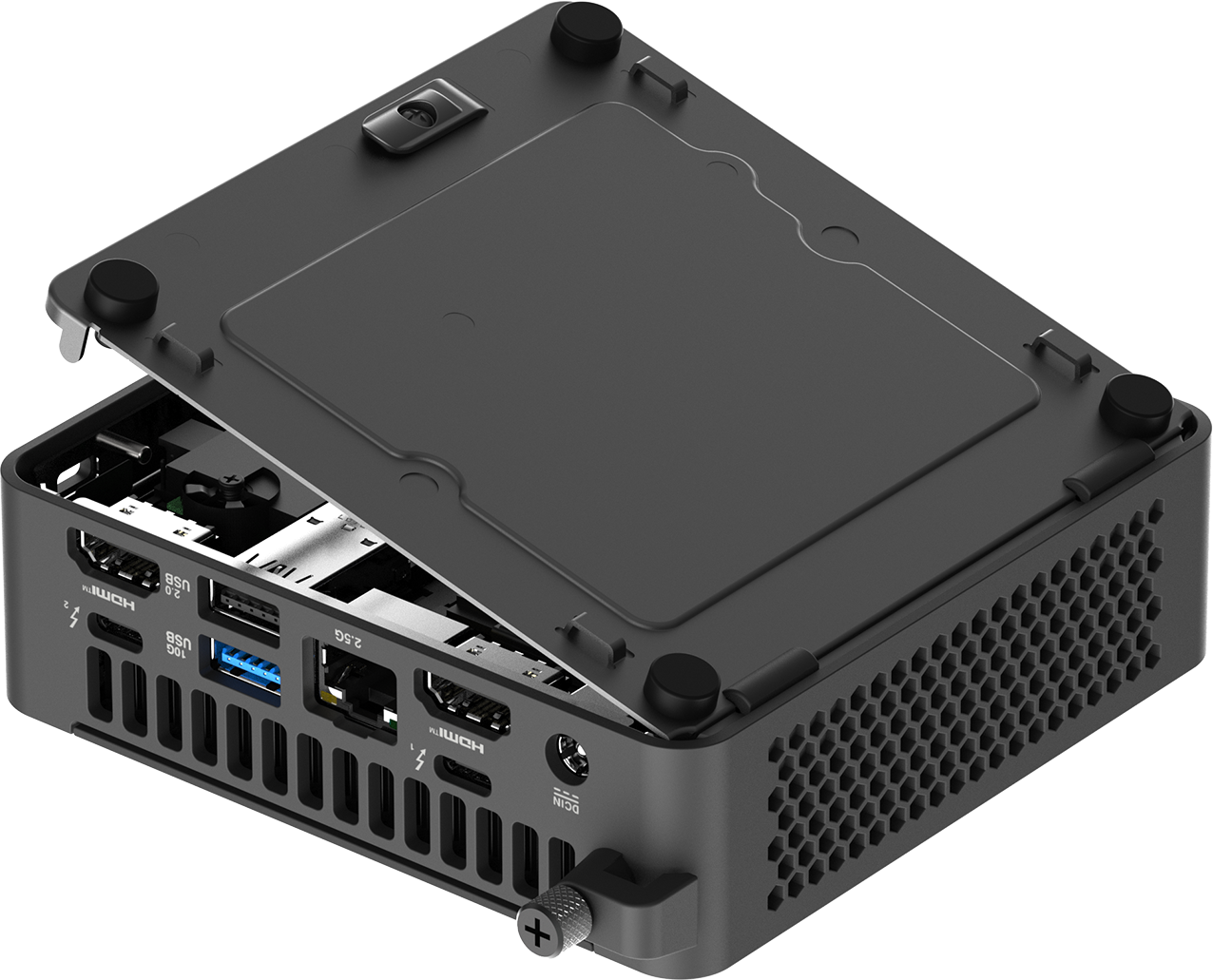 Geöffnetes schwarzes ASUS NUC, das interne Komponenten, Anschlüsse und einen Deckel zeigt.
