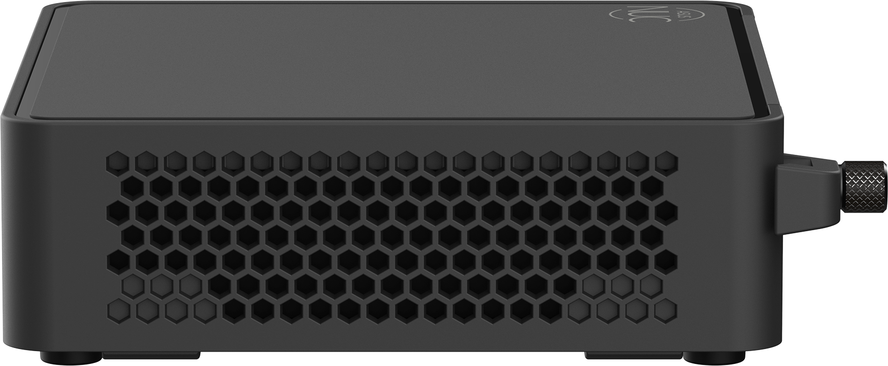 Seitenansicht eines schwarzen ASUS NUC-Geräts mit Wabenmuster-Belüftung.