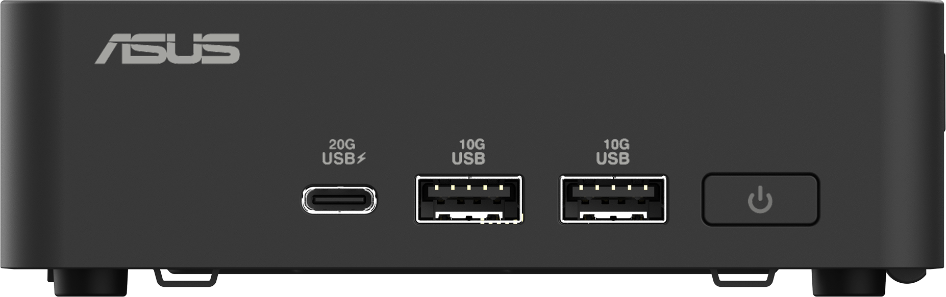 Vorderansicht eines schwarzen ASUS NUC-Geräts mit USB-Anschlüssen, Ein/Aus-Taste und Logo.