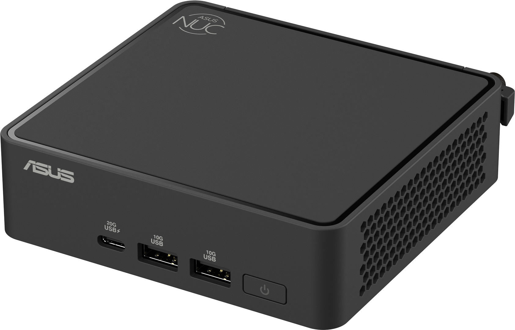 Schwarzes ASUS NUC-Gerät aus einem Winkel, mit USB-Anschlüssen, Ein/Aus-Taste und Wabenlüfter.