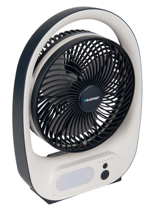 Biało-czarny wentylator z białym uchwytem.