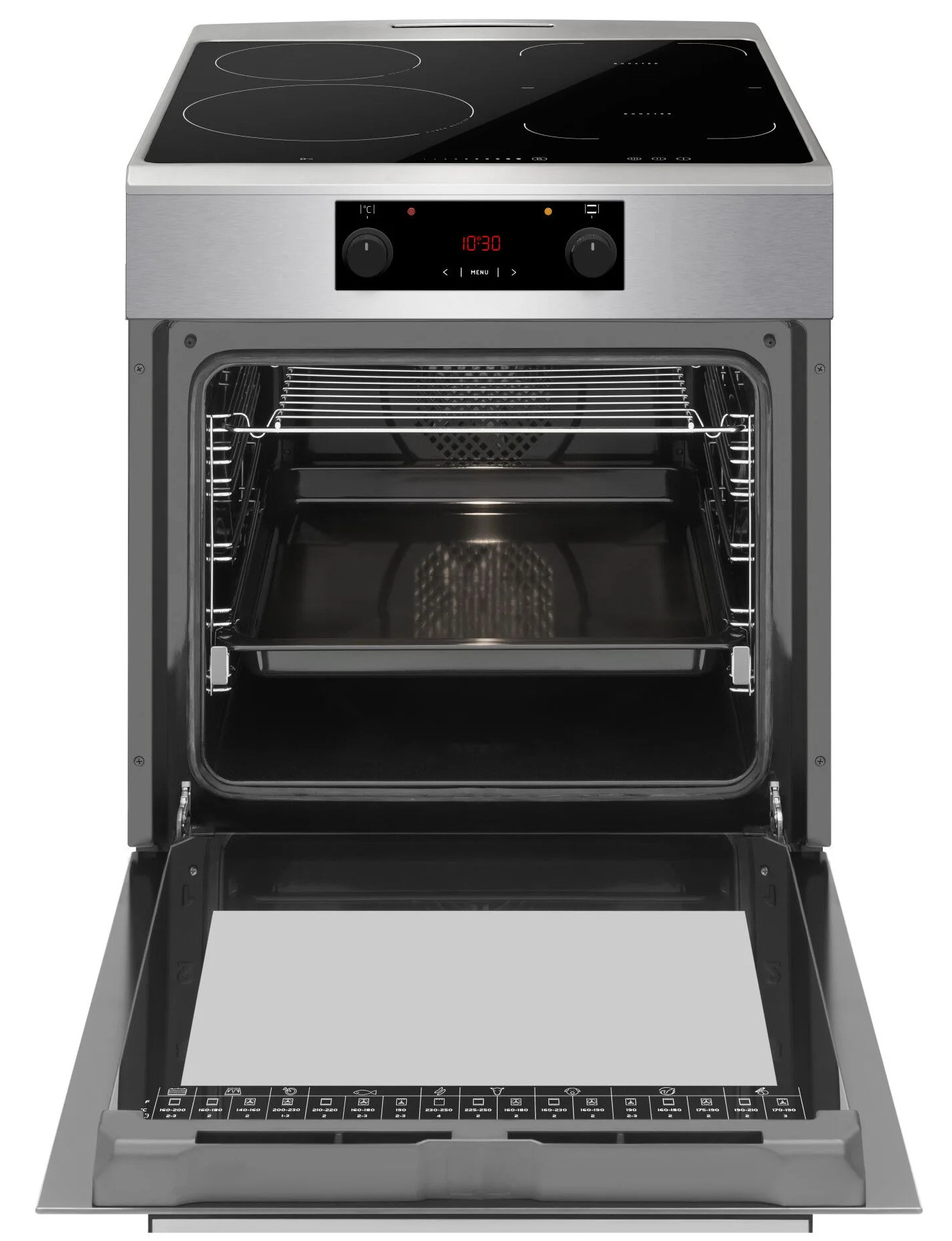 Srebrny piekarnik Amica z czterema palnikami, wyświetlaczem cyfrowym i otwartymi drzwiami z rusztami w środku.