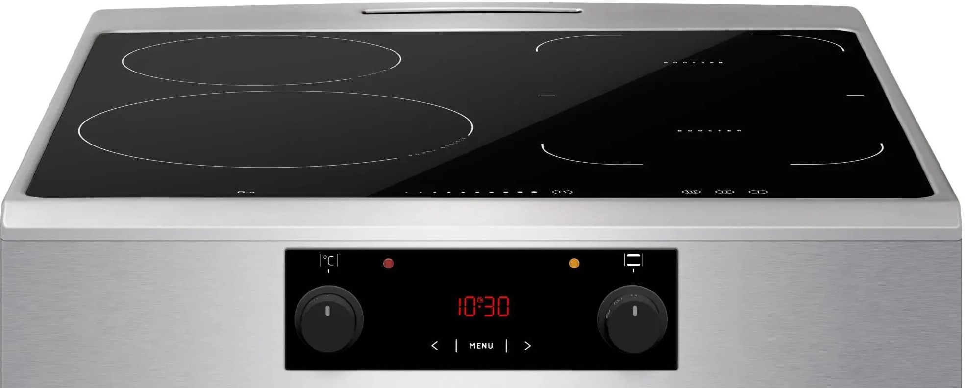 Zbliżenie na panel sterowania srebrnego piekarnika, wyświetlający godzinę 10:30 i ustawienia.