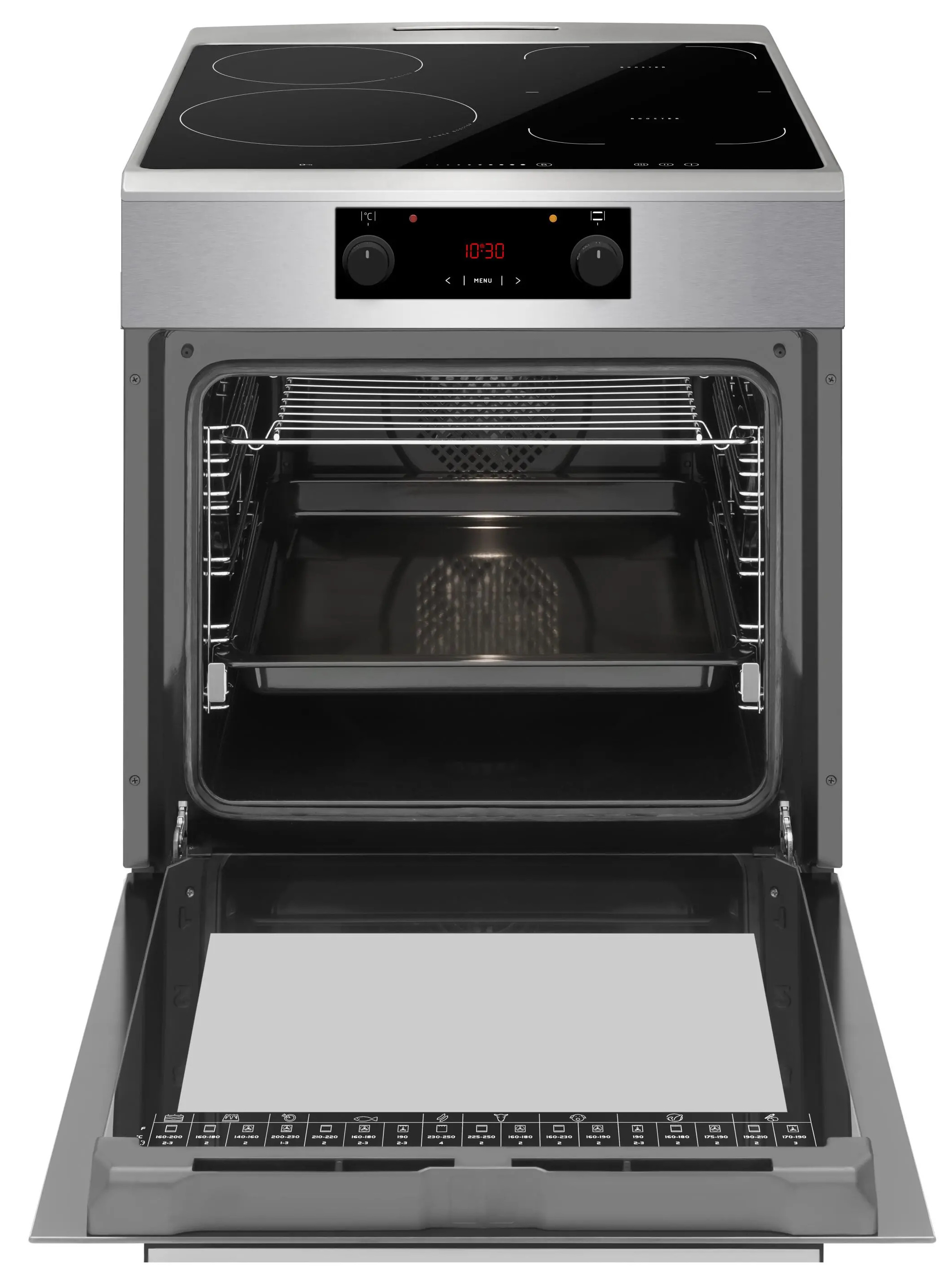 Srebrny piekarnik Amica z czterema palnikami i otwartymi drzwiami, pokazujący ruszty w środku.