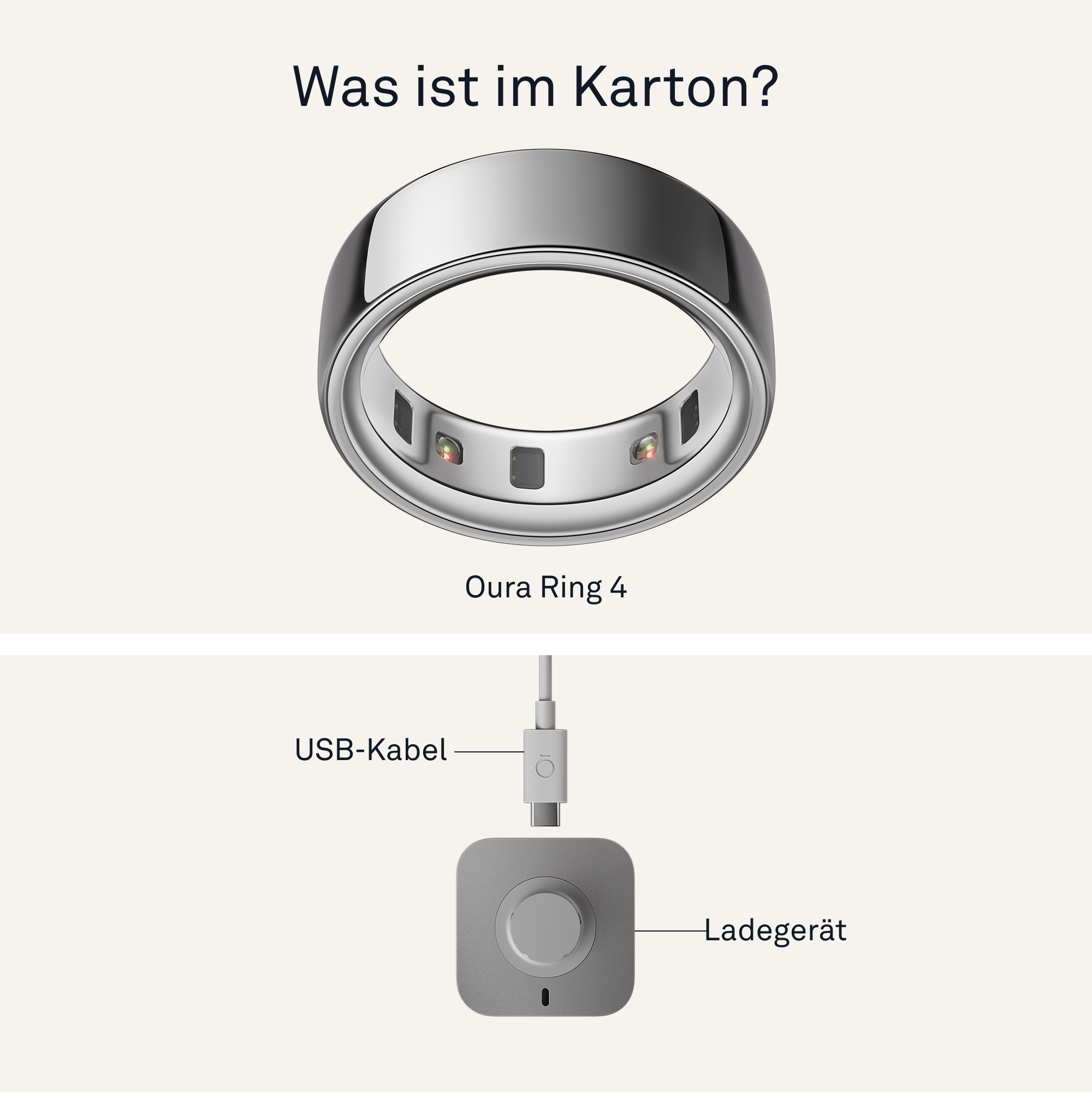 Oura Ring 4, USB-Kabel und Ladestation, auf hellem Hintergrund angeordnet.