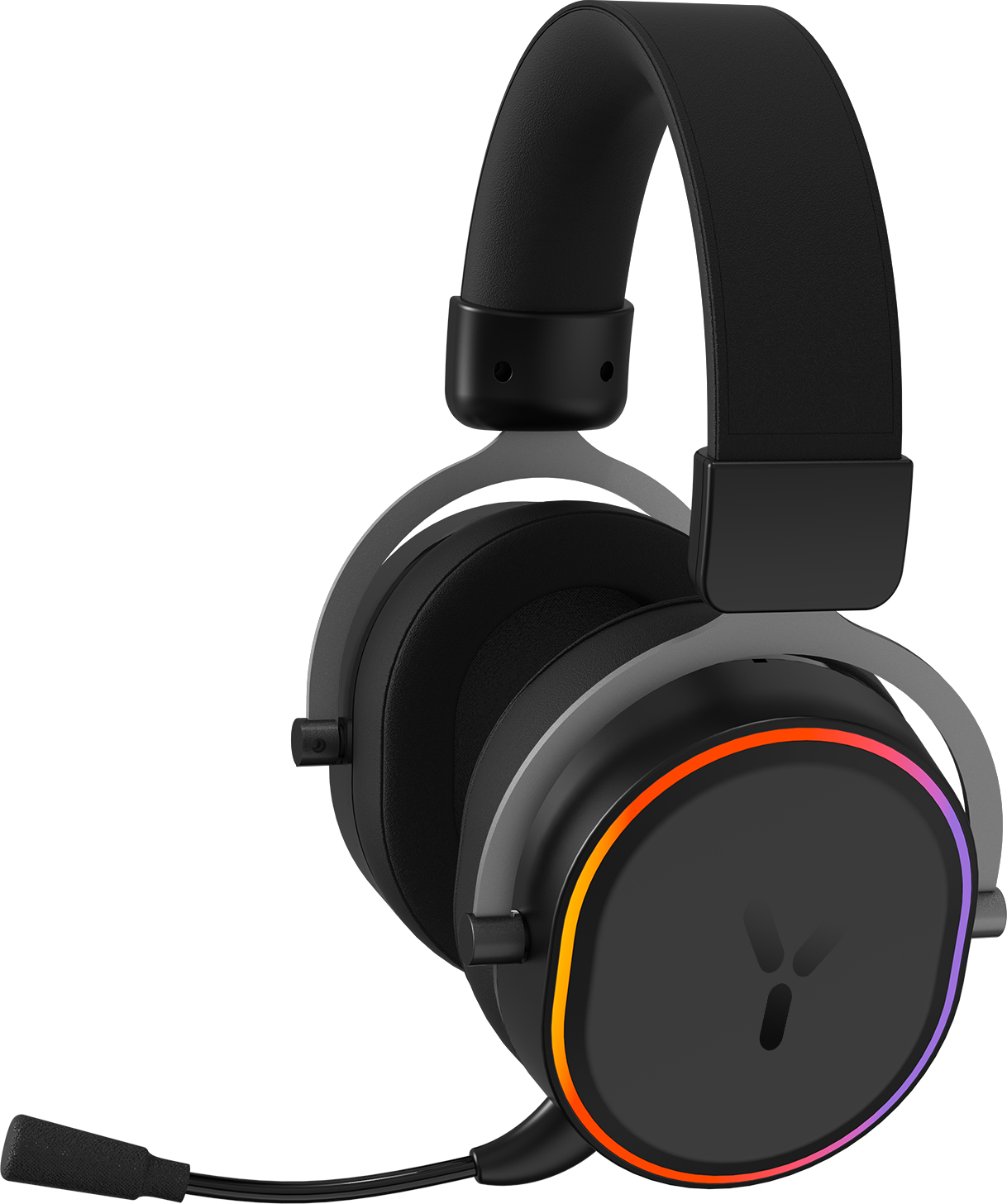 Casque gaming avec microphone, noir avec lumières RVB sur les oreillettes et le bandeau.