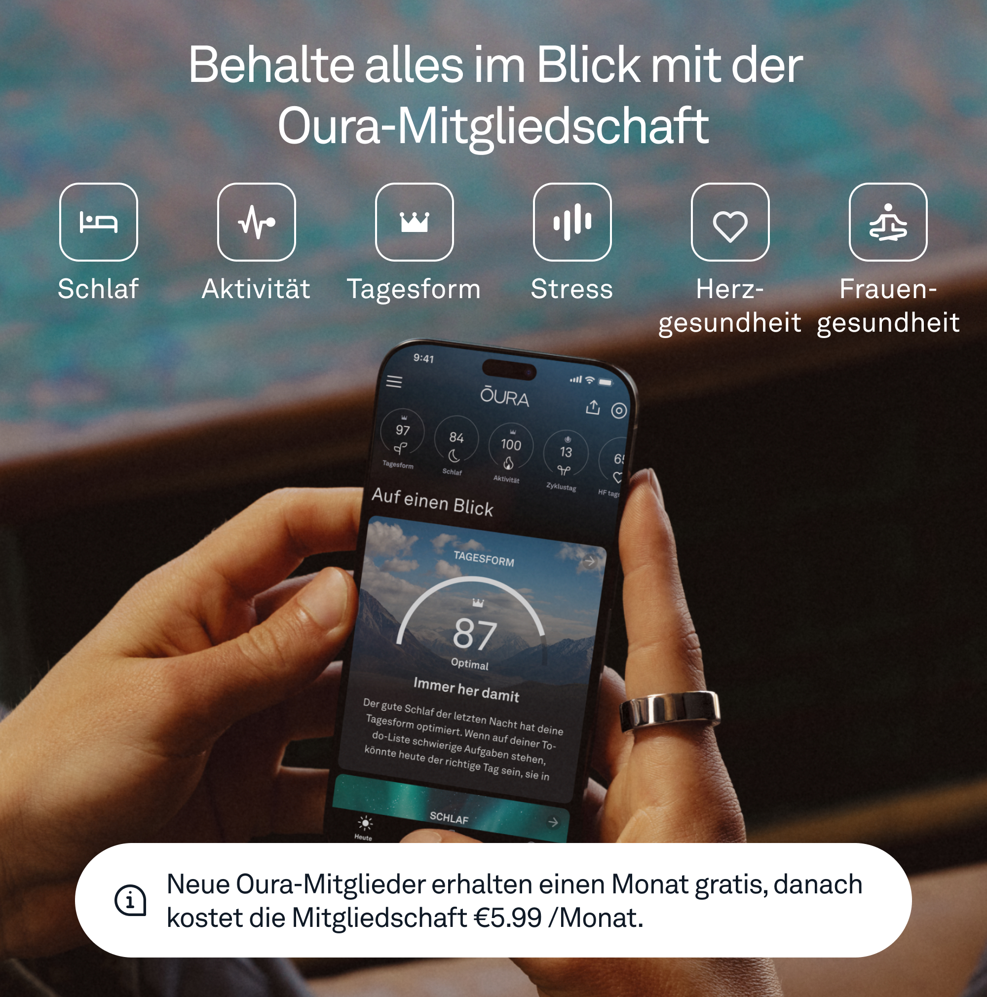 Oura Ring 4 an einer Hand mit einer App, die Gesundheitsmetriken anzeigt. Verschiedene Symbole sind ebenfalls sichtbar.