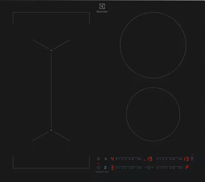 Czarna płyta indukcyjna Electrolux. Posiada cztery strefy gotowania i wyświetlacz cyfrowy.