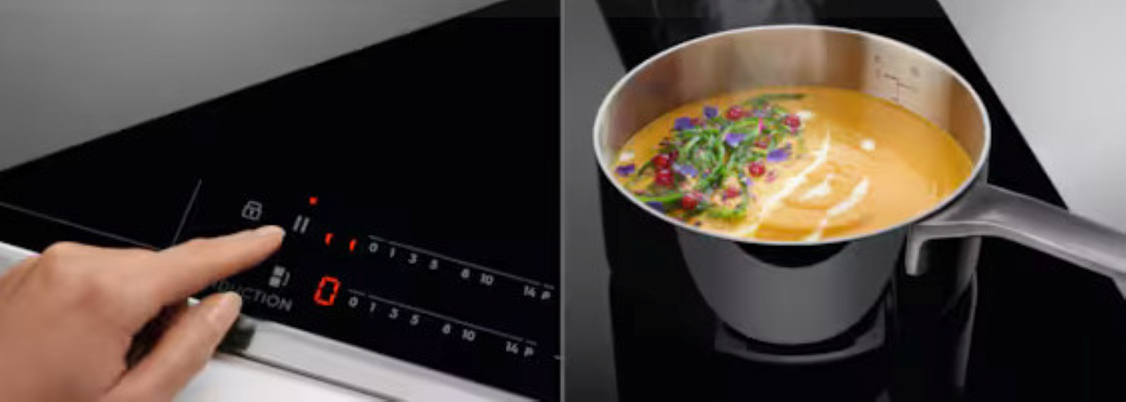 Zbliżenie dłoni wchodzącej w interakcję z czarnym panelem sterowania płyty indukcyjnej i garnkiem.