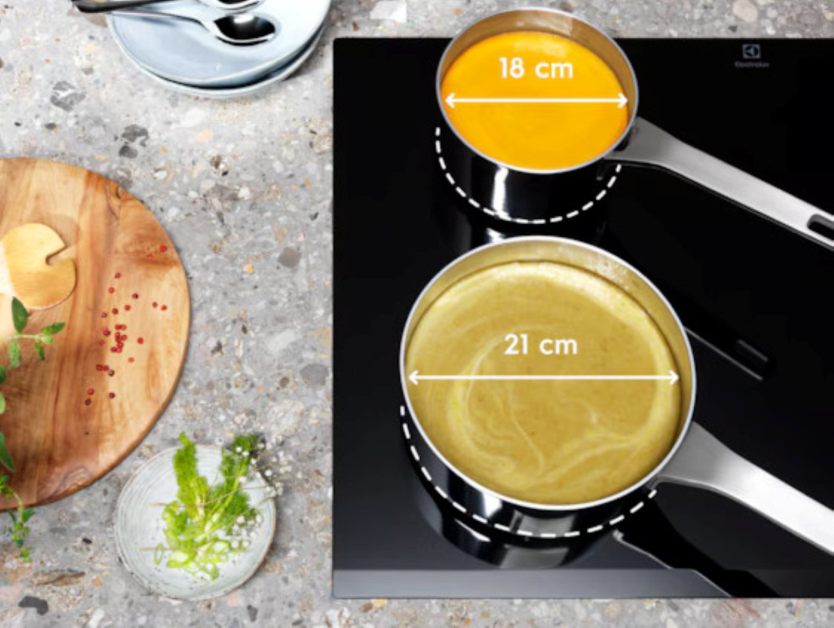 Widok z góry na dwa garnki na czarnej płycie indukcyjnej, z etykietami rozmiaru wskazującymi średnice.