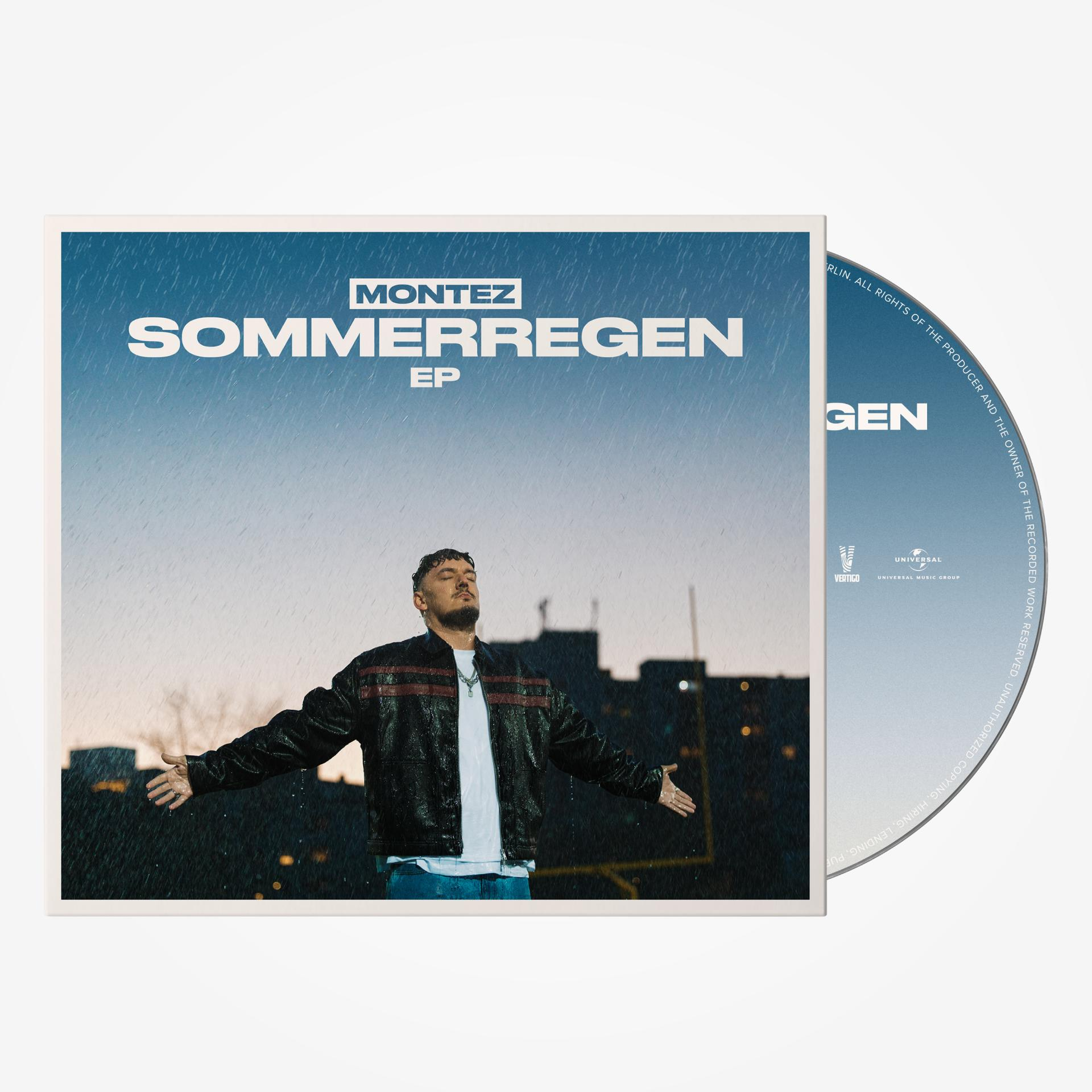 CD-Hülle. Ein Mann in einer Jacke steht im Regen. Text: Montez, Sommerregen EP.