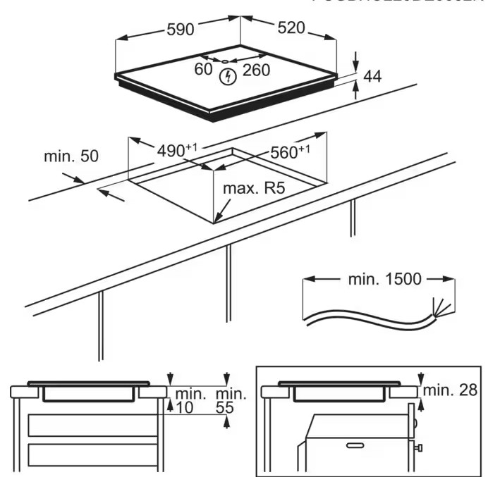 Schemat wbudowanej płyty grzejnej, pokazujący wymiary i szczegóły instalacji.