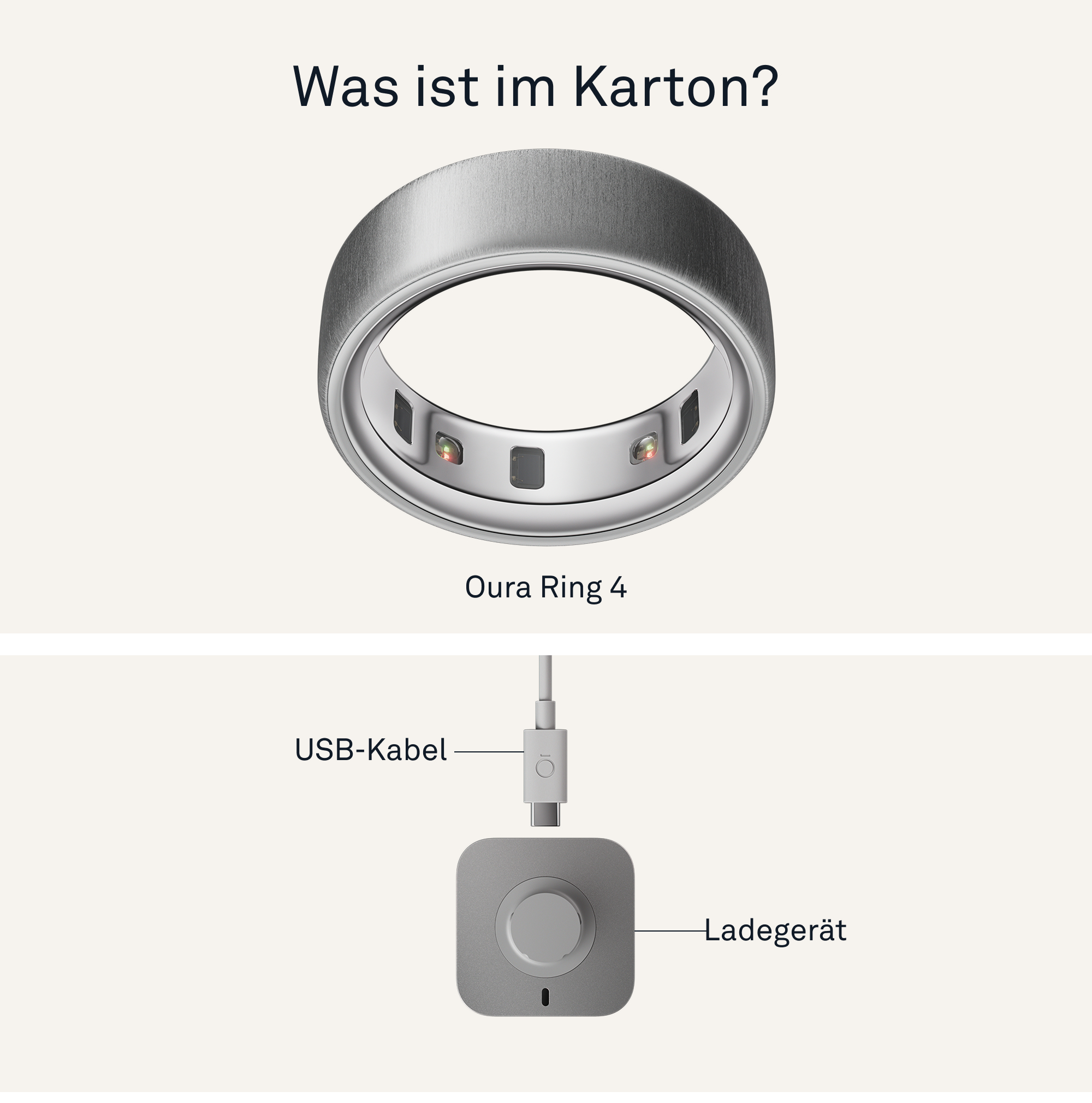 Bild, das den Oura Ring 4, das USB-Kabel und das Ladegerät zeigt.