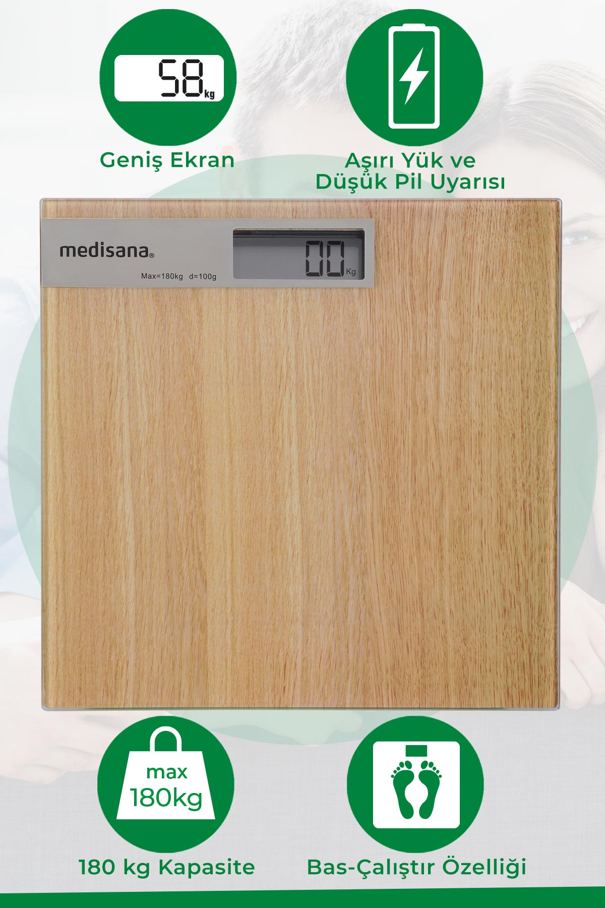 Ahşap dokulu bir tartı, 58 kg gösteriyor ve pil ve ayak gibi bazı simgeler.