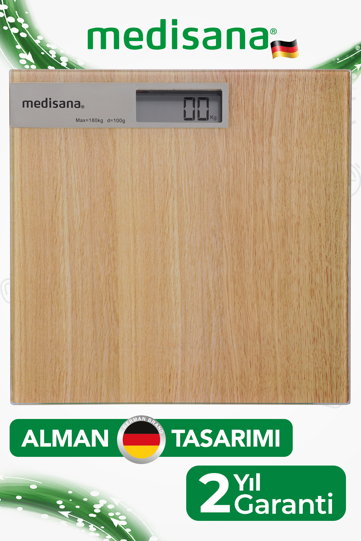 'medisana' markası ve Alman bayrağı ile ahşap dokulu tartı.