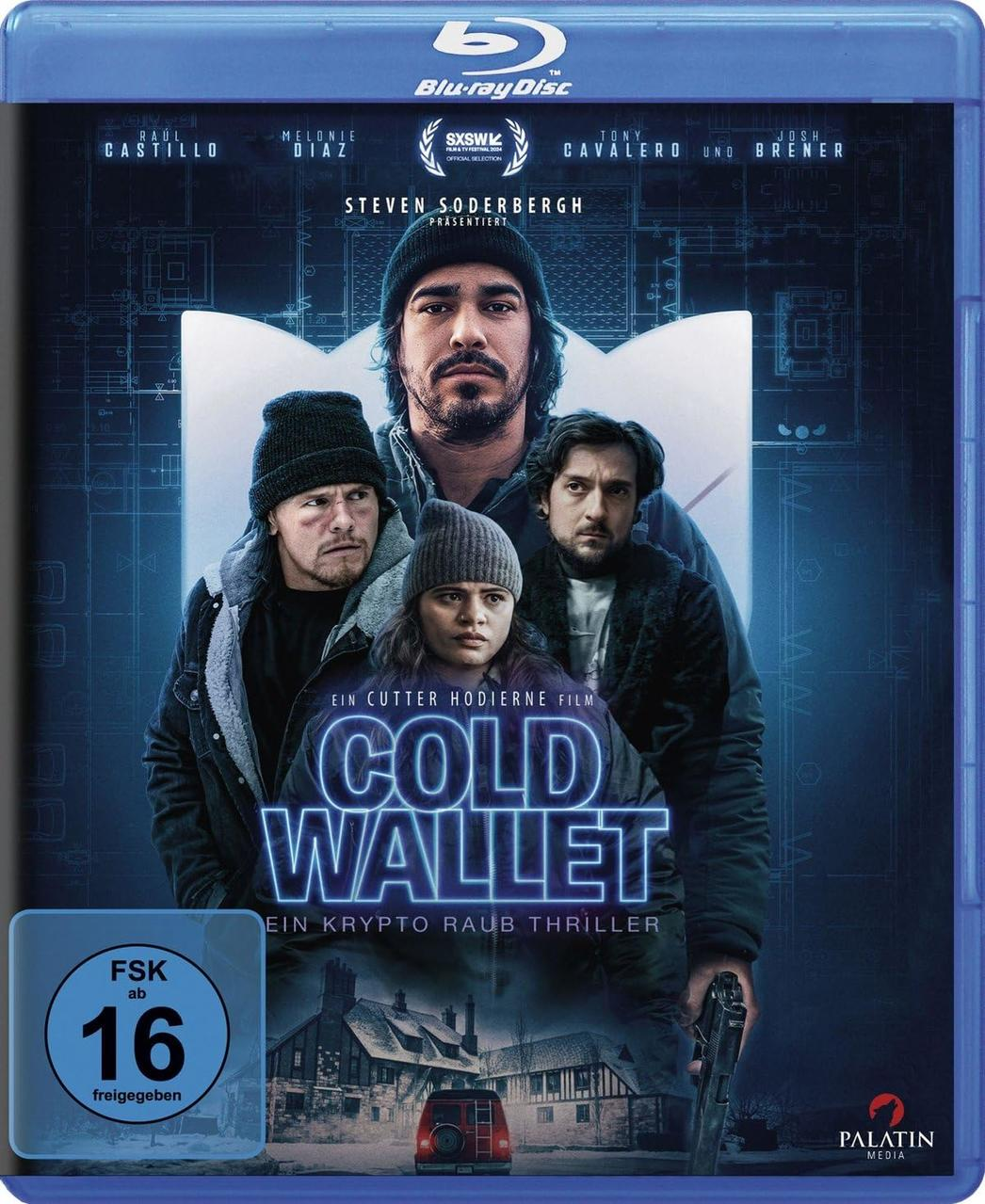 Filmplakat: Gruppe von Personen auf blauem Hintergrund. Der Titel lautet 'Cold Wallet'.