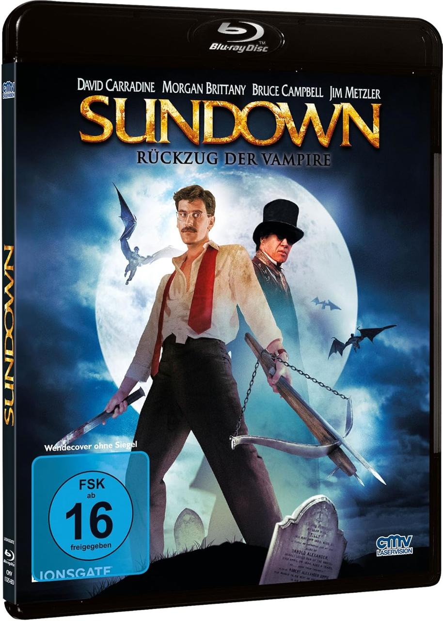 DVD-Cover für Sundown. Zwei Männer stehen vor einem Mond. Fledermäuse fliegen. Der Text ist auf Deutsch.