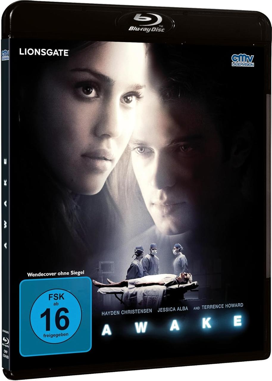 Filmcover von 'Awake' mit zwei Gesichtern und einer OP-Szene.