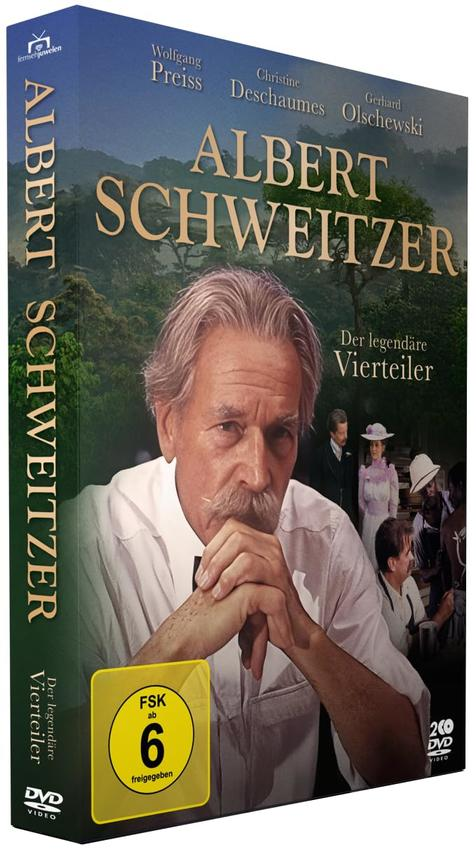 DVD-Cover für "Albert Schweitzer". Ein Mann mit Schnurrbart steht im Mittelpunkt. Der Hintergrund hat Leute.