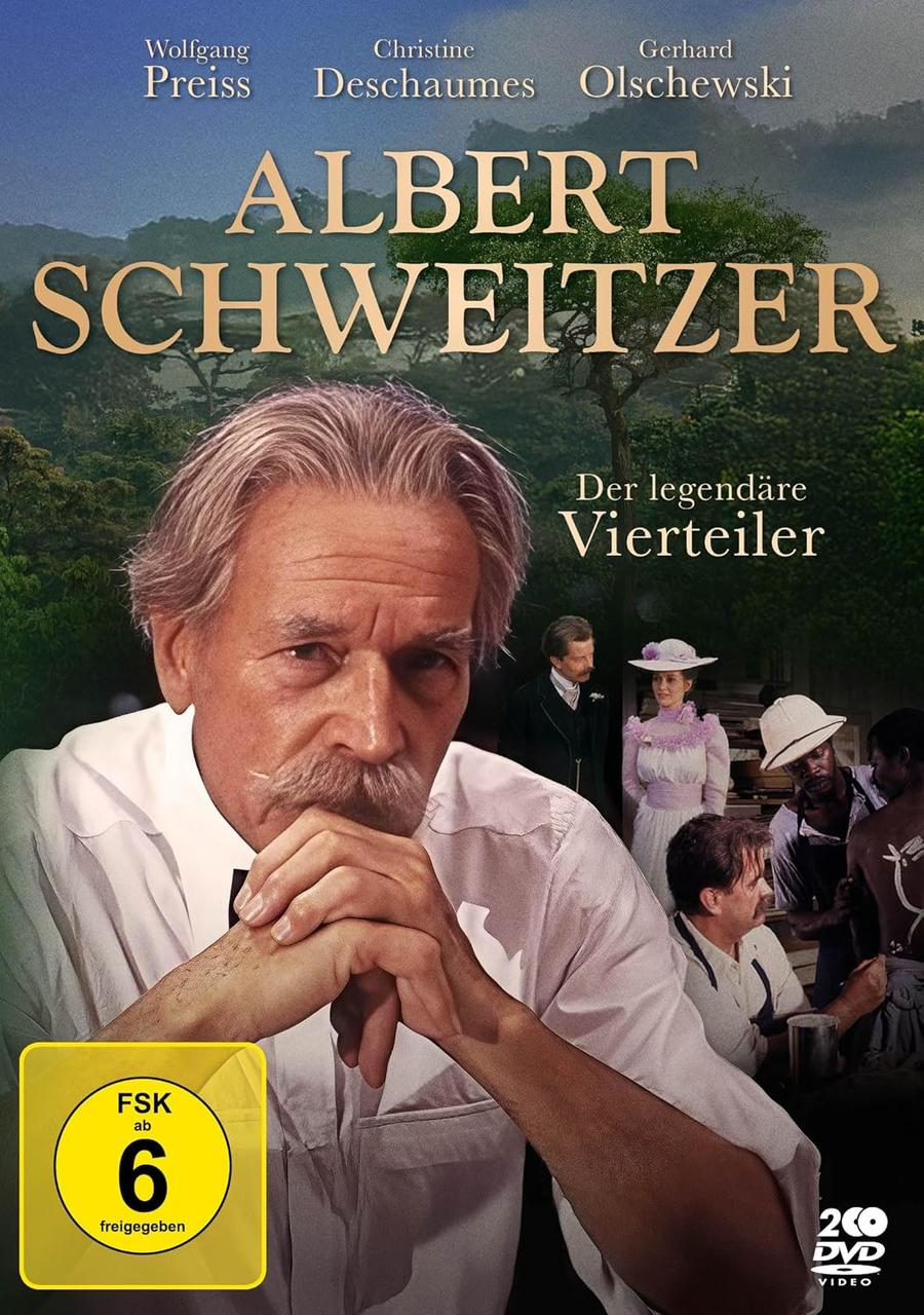 Albert Schweitzer Filmplakat mit Nahaufnahme eines Mannes im Vordergrund.