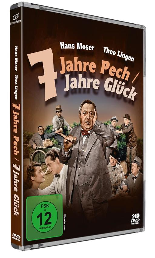 DVD-Cover für 7 Jahre Pech / Jahre Glück. Ein Mann steht im Mittelpunkt, andere Leute im Hintergrund.