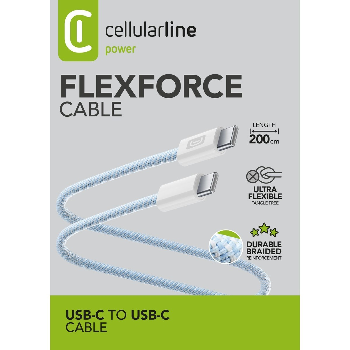 Produktaufnahme eines Flexforce USB-C auf USB-C Kabels mit Produktdetails.