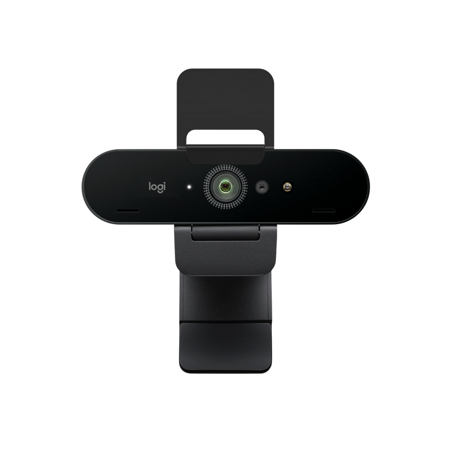 Een zwarte Logitech webcam op een zwarte achtergrond. De webcam heeft een lens.