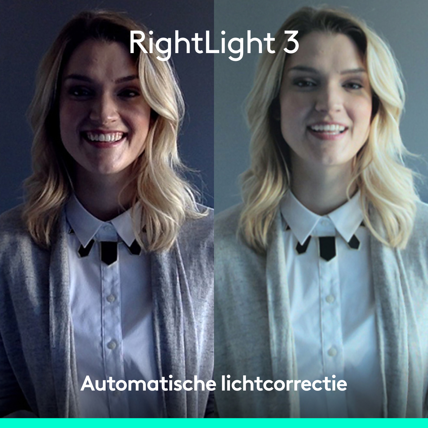 Twee afbeeldingen van een vrouw, die automatische lichtcorrectie van RightLight 3 toont.