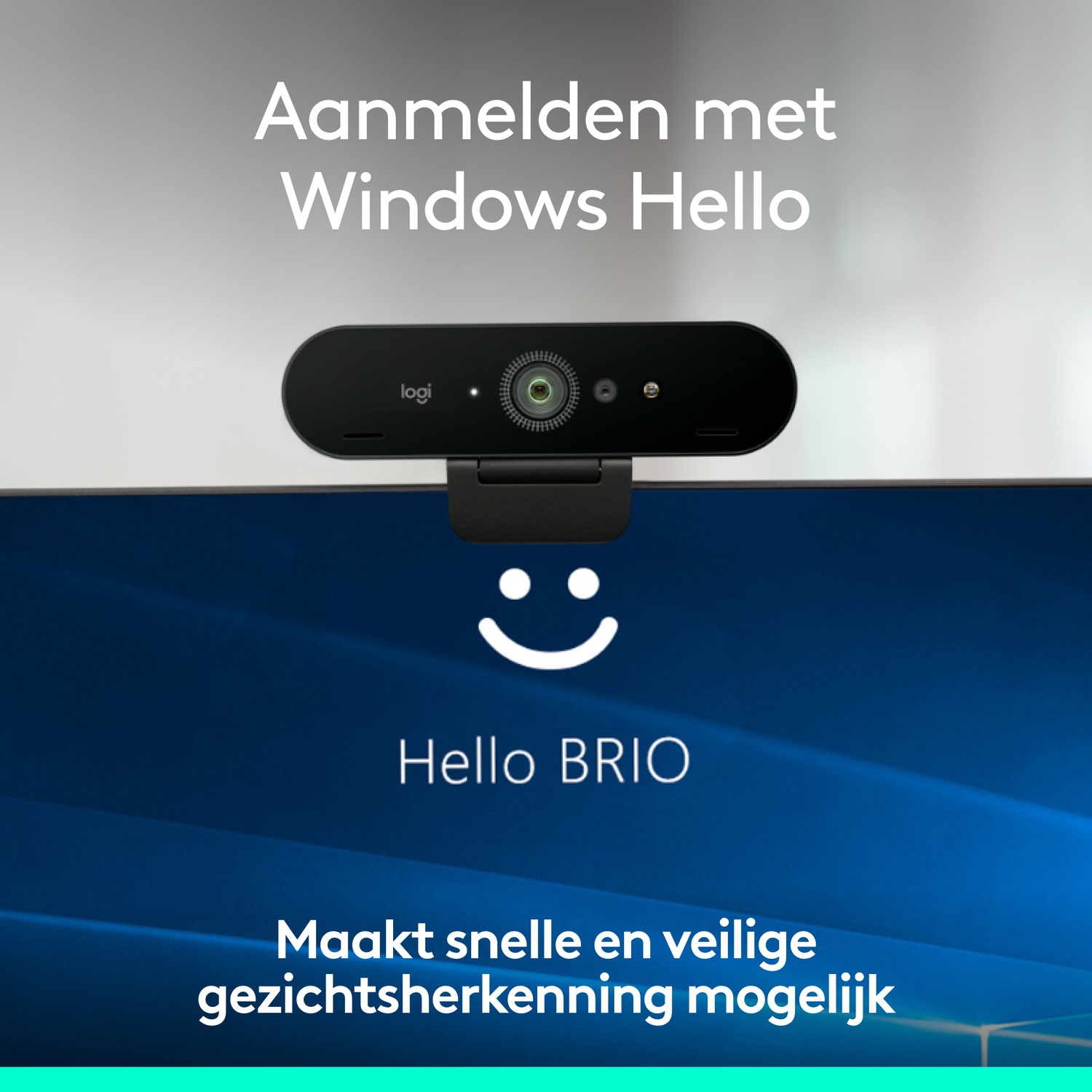 Webcam op een monitor. Zwart apparaat met de tekst: Hello Brio.