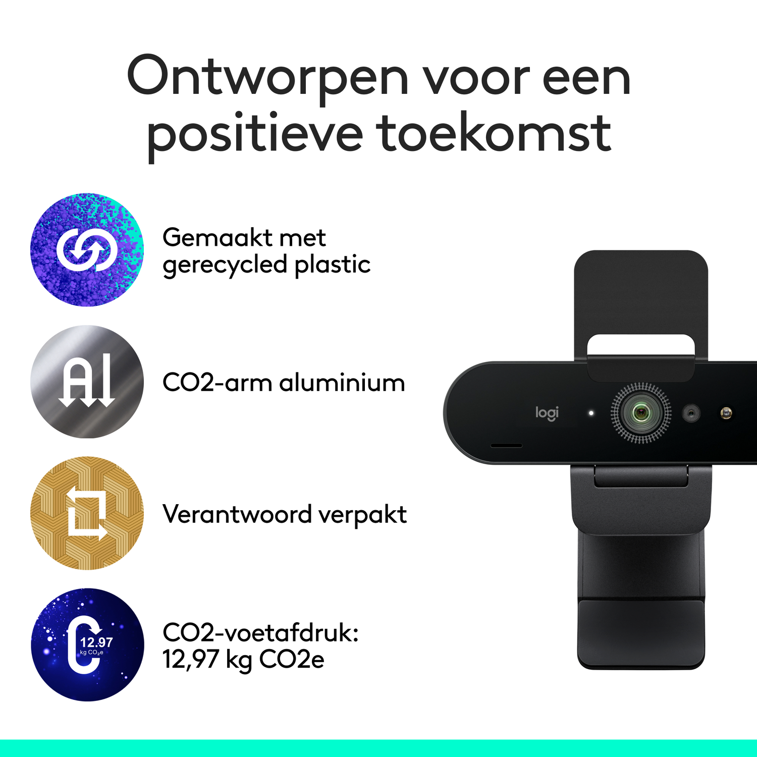 Webcam en pictogrammen met tekst, inclusief gerecycled plastic en CO2-voetafdruk.