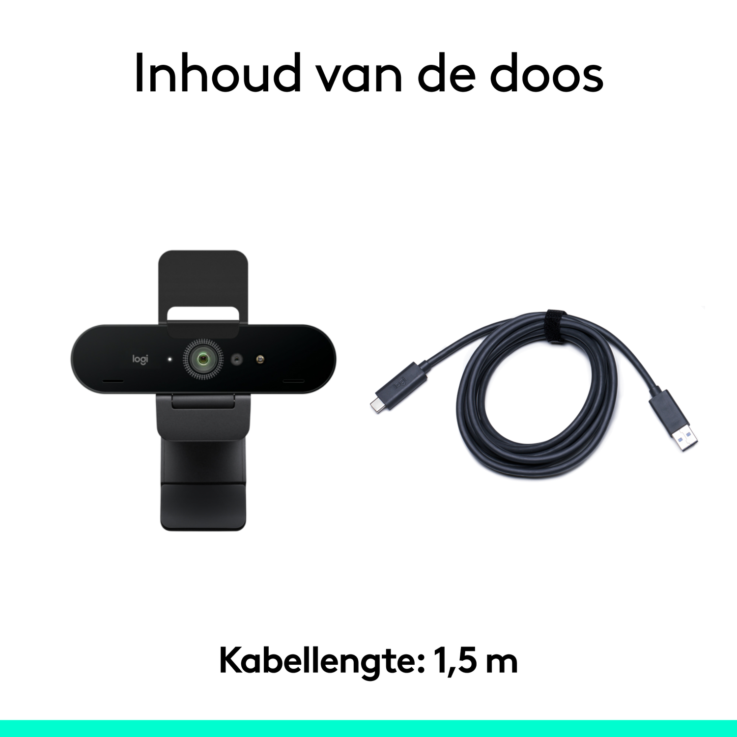 Webcam en kabel op een wit oppervlak. Tekst: Inhoud van de doos en kabellengte.