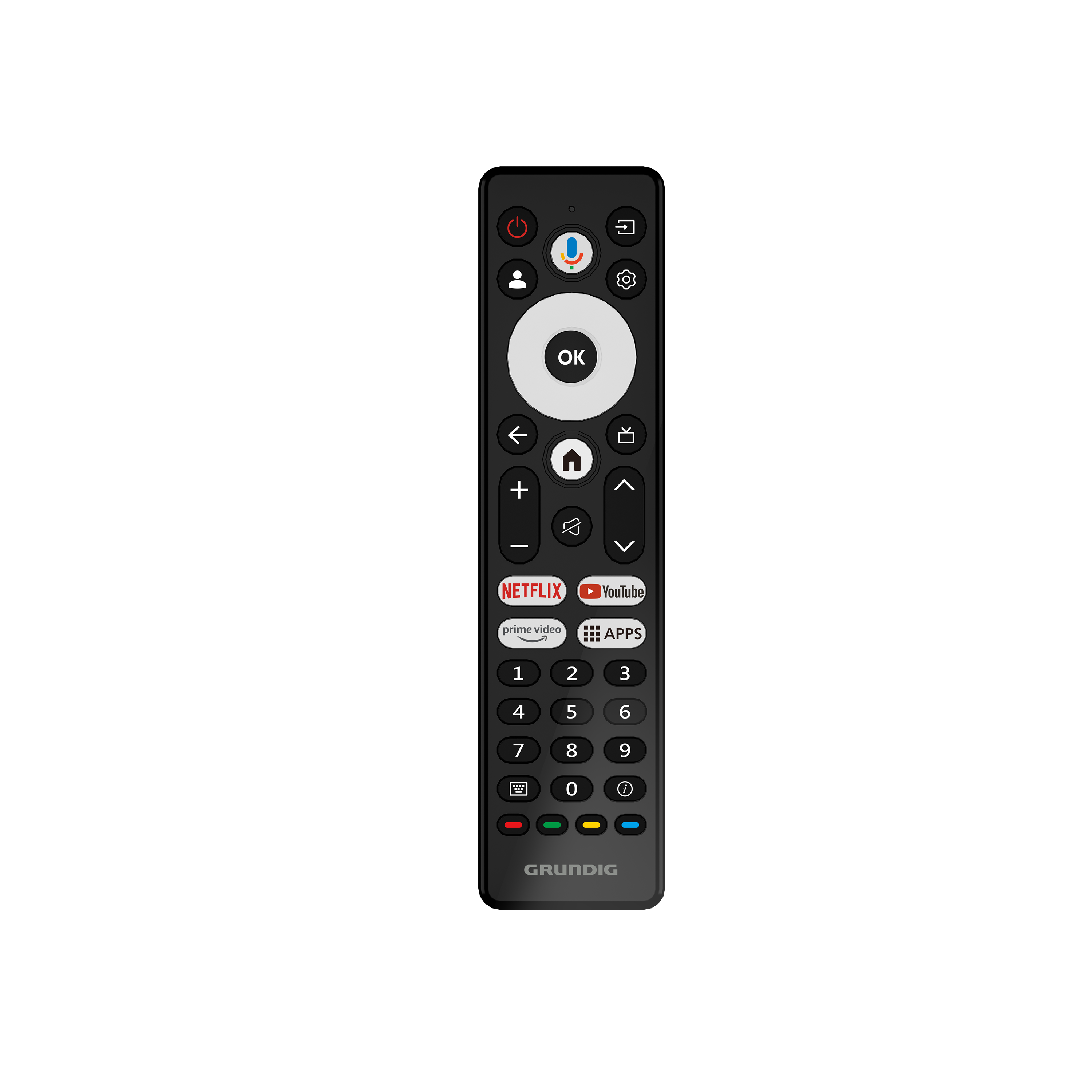 Grundig TV için siyah uzaktan kumanda. Netflix, YouTube ve sayı tuşları bulunur.