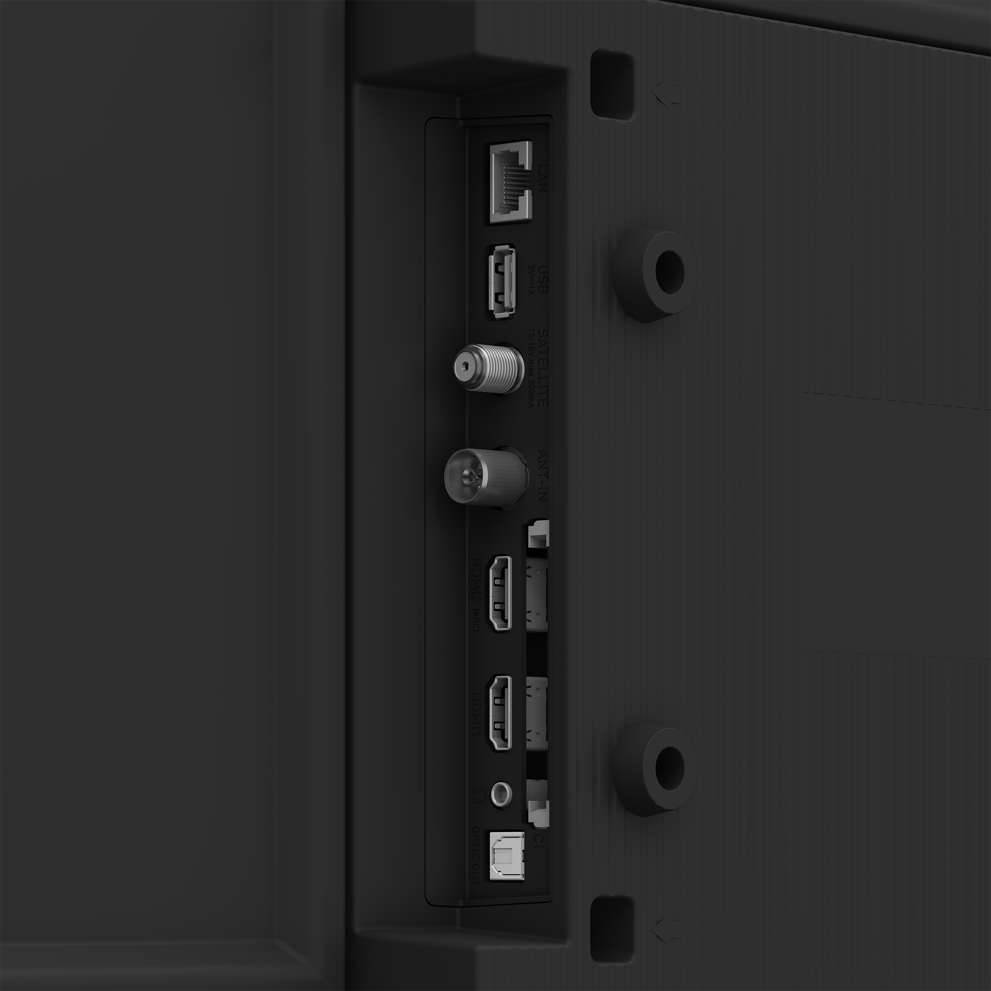 TV portlarının yakından görünümü. LAN, USB, Uydu, ANT-IN, HDMI ve diğer portları içerir.