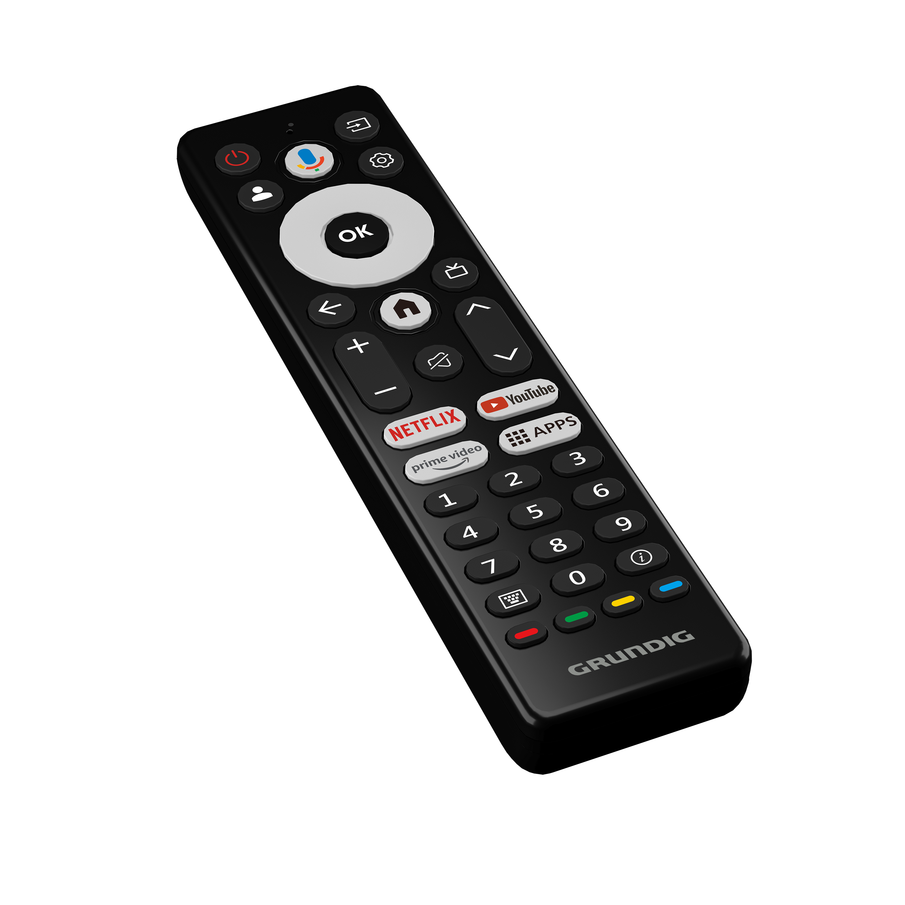 Siyah arka plan üzerinde siyah Grundig uzaktan kumandası. Netflix, YouTube ve sayı tuşları içerir.