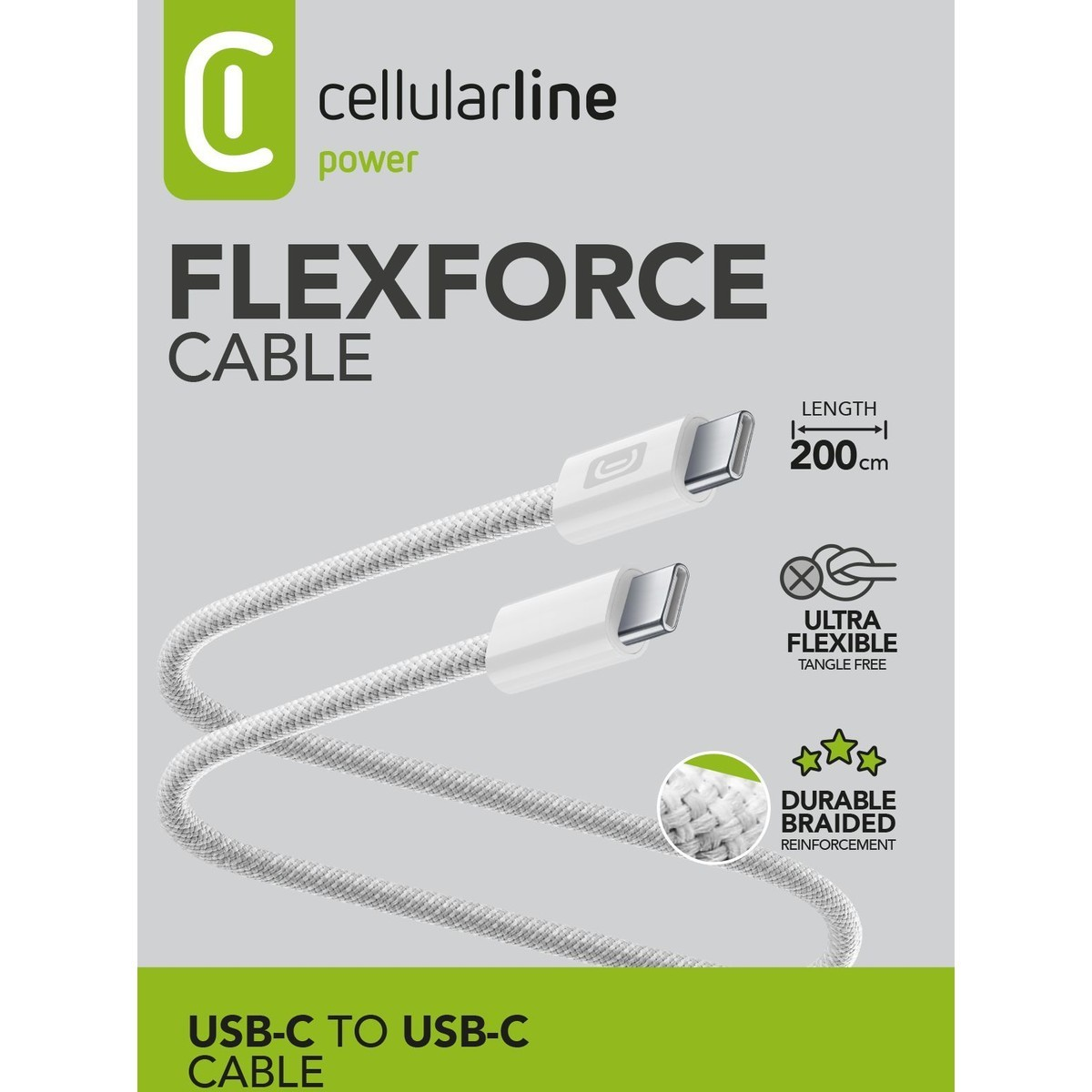 Produktaufnahme eines weißen USB-C-zu-USB-C-Kabels. Die Verpackung zeigt das Kabel und seine Funktionen.