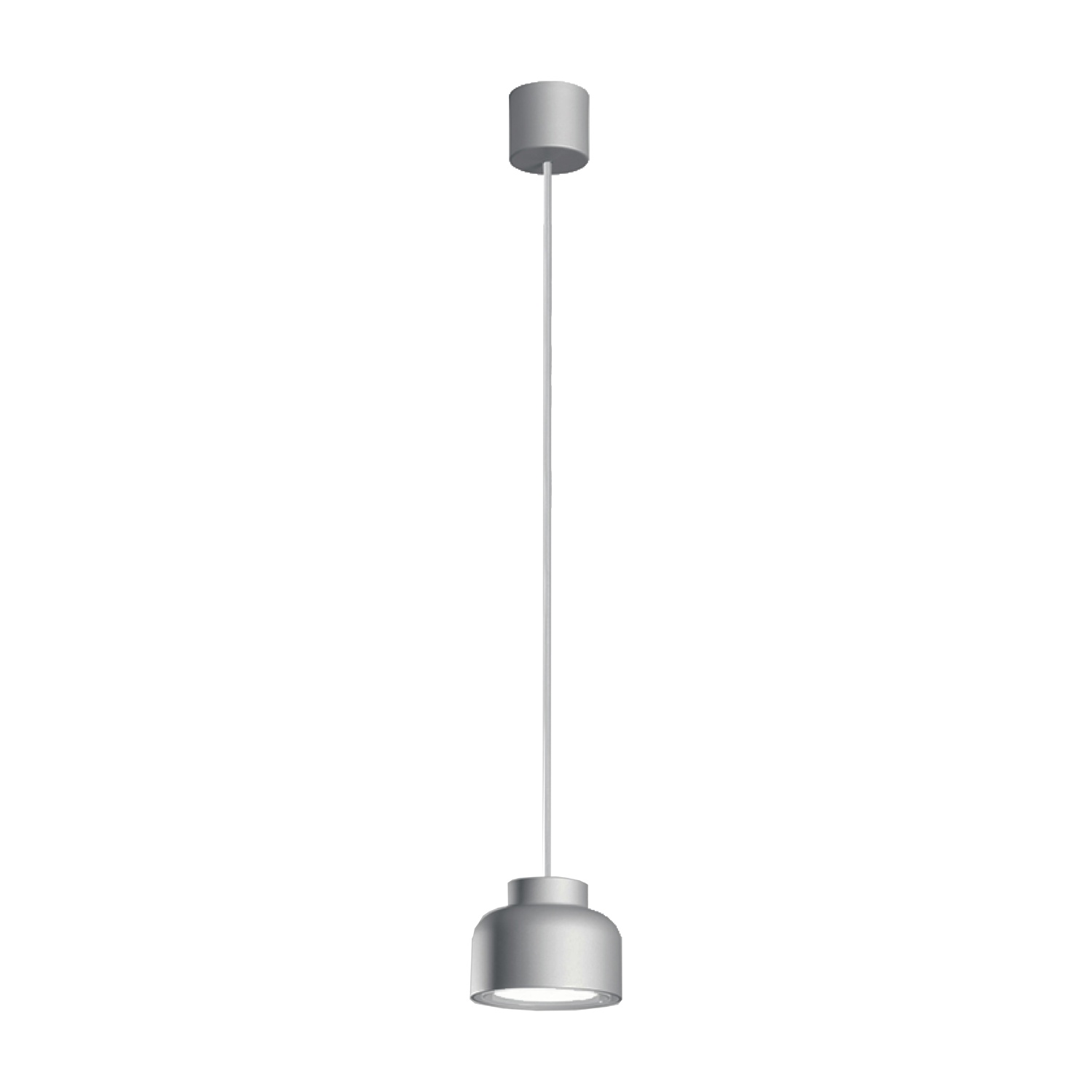 Una moderna lampada a sospensione. Pende dal soffitto. La lampada è argentata.