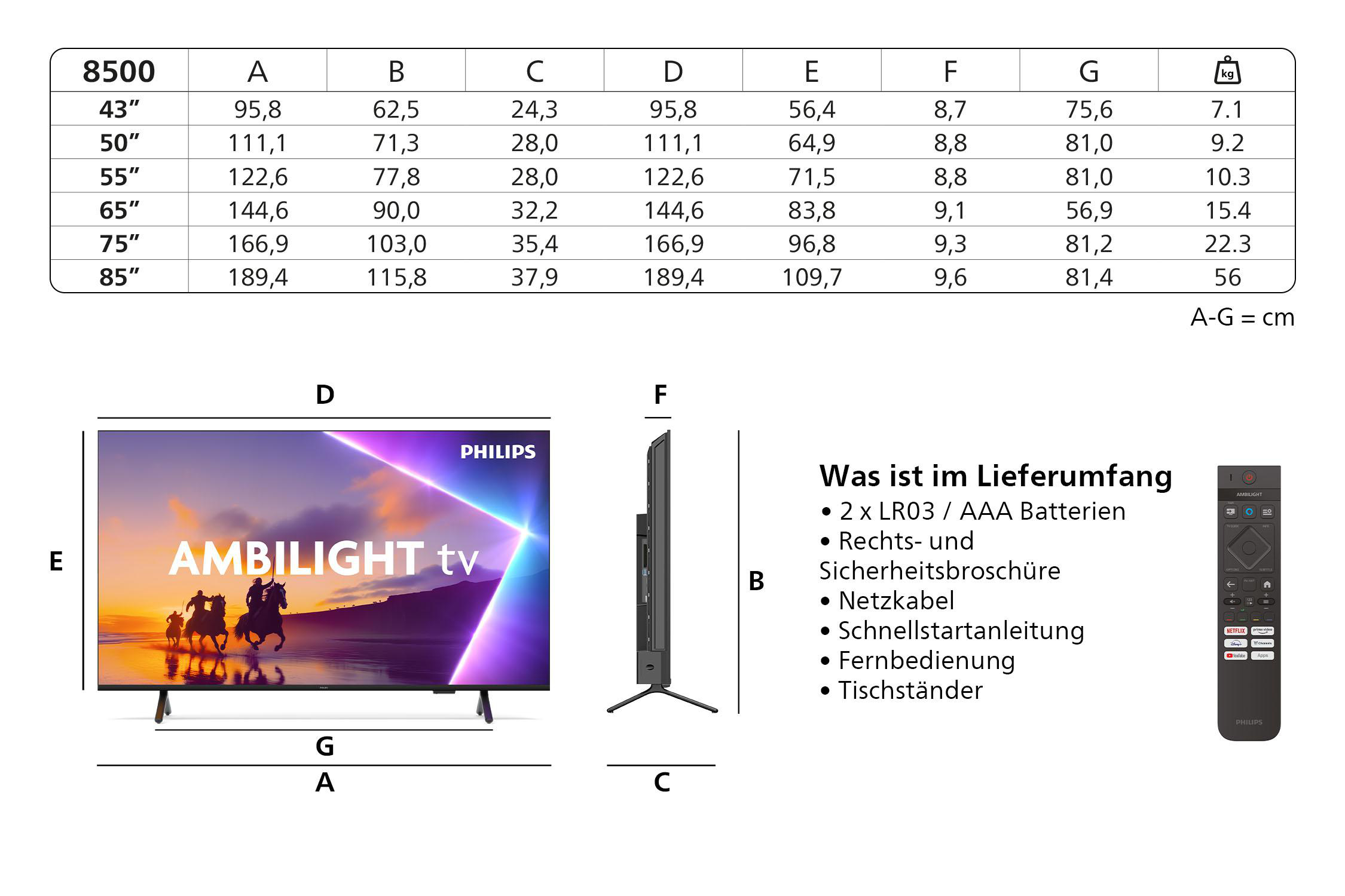 Technische Daten für einen Fernseher, einschließlich Abmessungen und Fernbedienung.