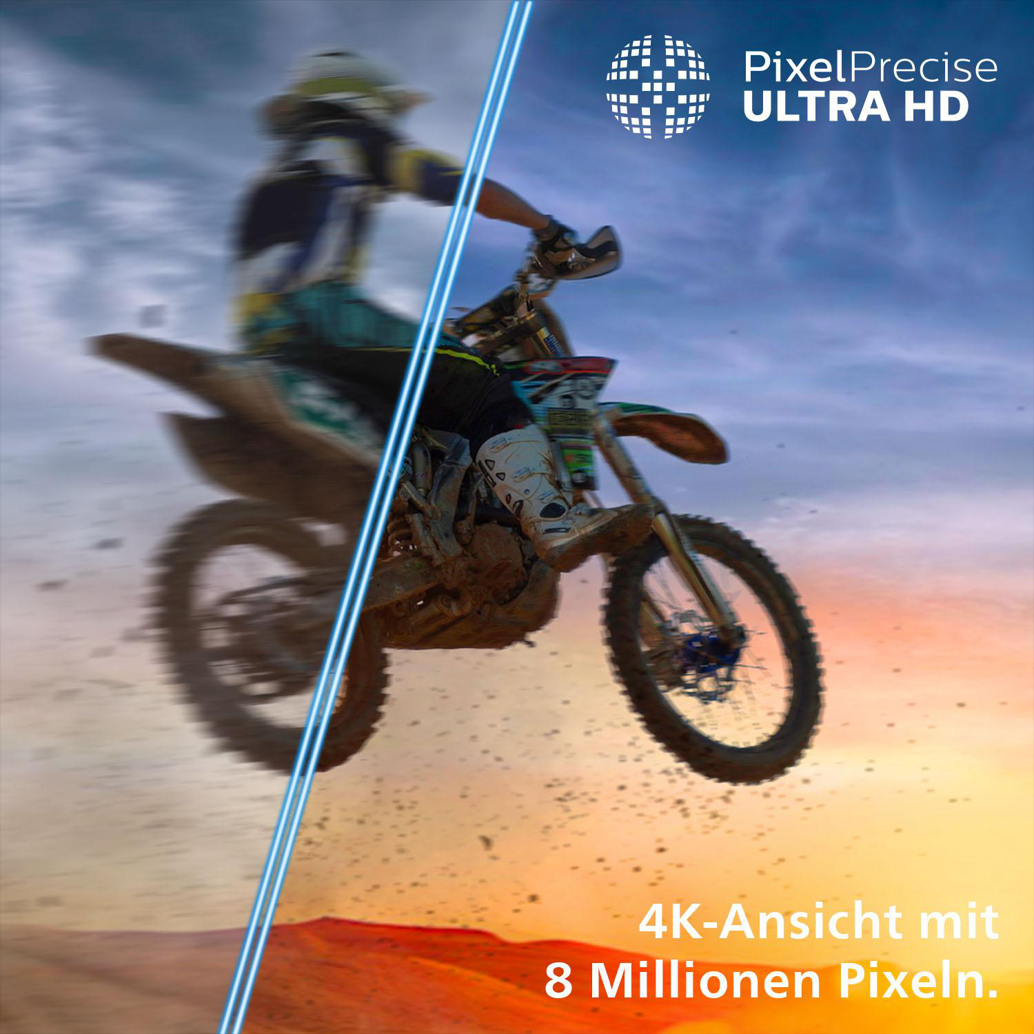 Motocross-Fahrer springt. Blaue Linien heben 4K Ultra HD hervor. Text: 4K-Ansicht mit 8 Millionen Pixeln.