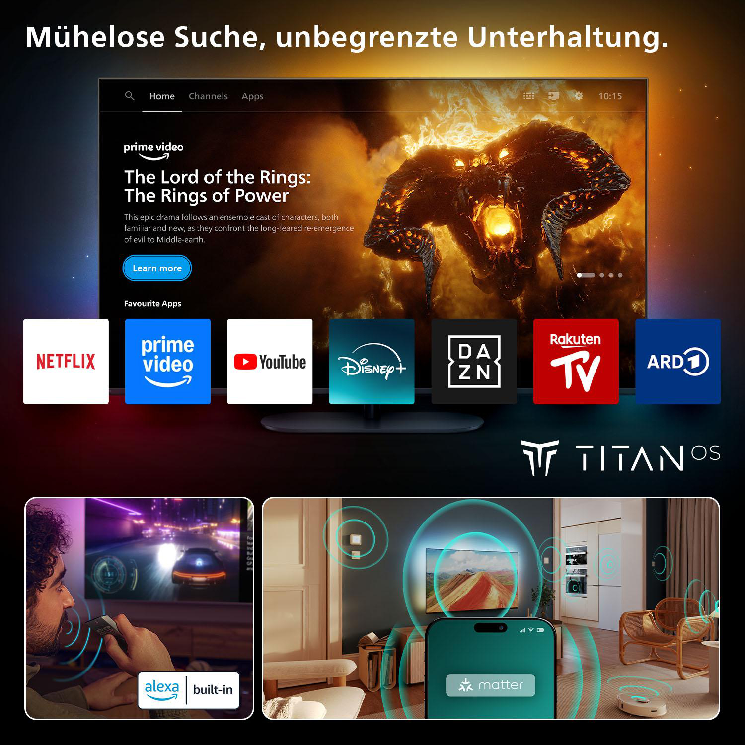 TV-Bildschirm zeigt Prime Video. Apps: Netflix, Prime Video, YouTube, Disney+, DAZN, Rakuten TV, ARD. Titan OS Logo.