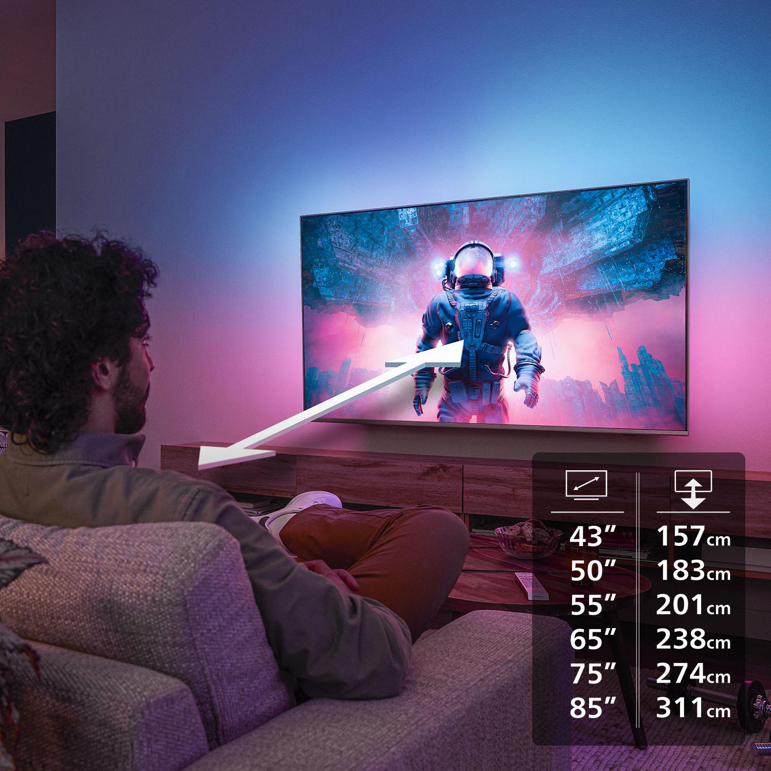 Ein Mann betrachtet einen TV-Bildschirm mit Astronaut. Größentabelle: 43" bis 85", inkl. cm-Angaben.