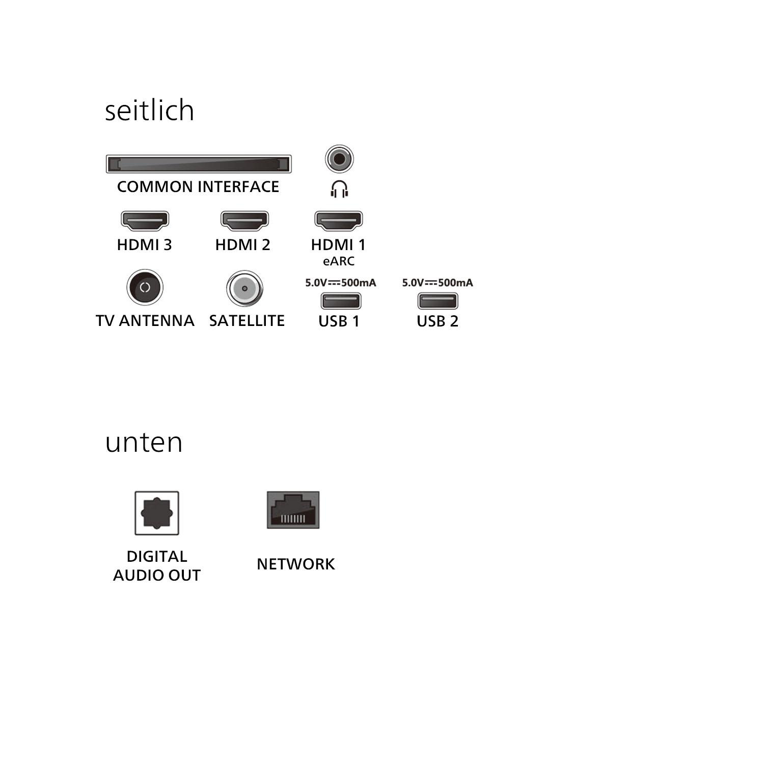 TV-Anschlüsse: Common Interface, HDMI 3/2/1 (eARC), USB 1/2, TV-Antenne, Satellit, Digital Audio Out, Netzwerk.