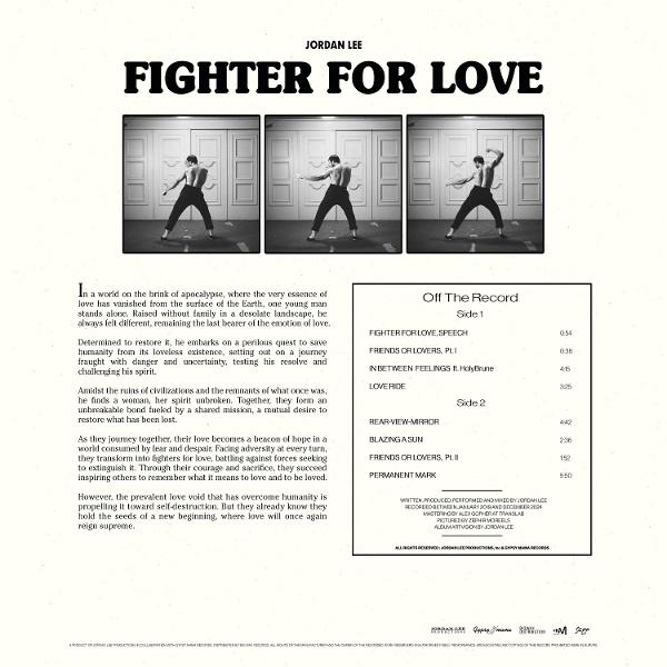 Blatt Papier mit Text und drei Fotos eines tanzenden Mannes. Titel 'FIGHTER FOR LOVE'.